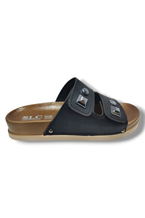 Slc 8104-25 Deri Çift Bant Tokalı Kadın Terlik