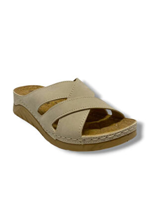 Jasmine 4003-25 Deri Comfort Çapraz 3 Bant Kadın Terlik