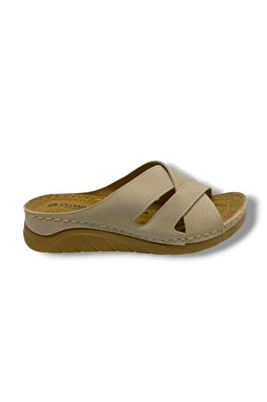 Jasmine 4003-25 Deri Comfort Çapraz 3 Bant Kadın Terlik