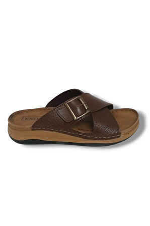 Enova E521-25 Baskı Deri Anatomik Çapraz Bant Tokalı Erkek Terlik