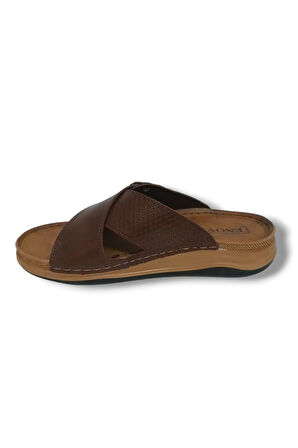 Enova E521-25 Baskı Deri Anatomik Çapraz Bant Tokalı Erkek Terlik