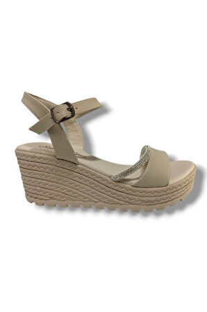 Şanzelize K303-25 Deri Taşlı Dolgu Topuk Kadın Sandalet