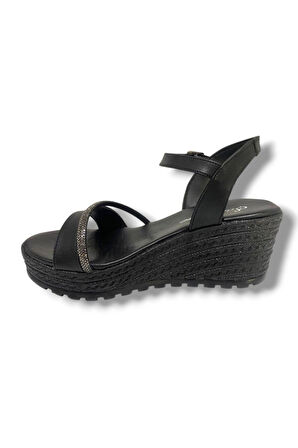 Şanzelize K303-25 Deri Taşlı Dolgu Topuk Kadın Sandalet