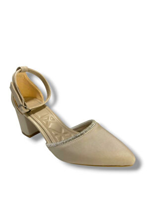 C-Shoes 105-25 Saten Ağzı Taşlı Kalın Topuk Kadın Ayakkabı