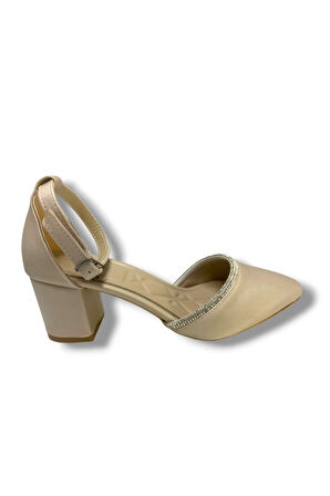 C-Shoes 105-25 Saten Ağzı Taşlı Kalın Topuk Kadın Ayakkabı
