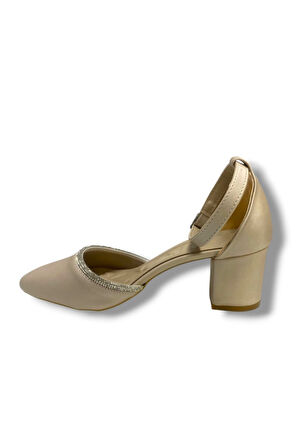 C-Shoes 105-25 Saten Ağzı Taşlı Kalın Topuk Kadın Ayakkabı