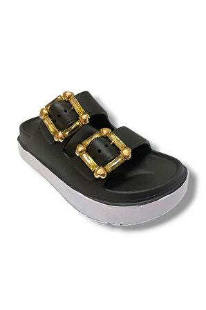 Akınal E474.Z.0000-25 Eva Altın Tokalı Çift Bant Kadın Terlik