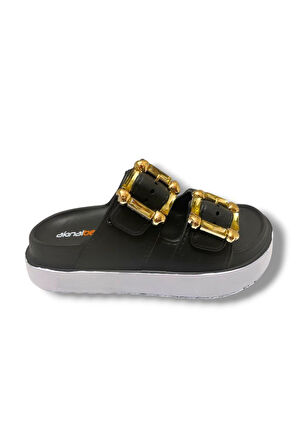 Akınal E474.Z.0000-25 Eva Altın Tokalı Çift Bant Kadın Terlik