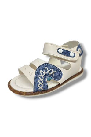 Şirinbebe 1568-20 Anatomik Dikiş Çirtli Erkek Çocuk Sandalet Beyaz Mavi 21-25