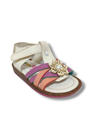 Şiringenç 1611-20 Çiçek Deseli Tek Cırt Kız Çocuk Sandalet Beyaz Pembe 21-25