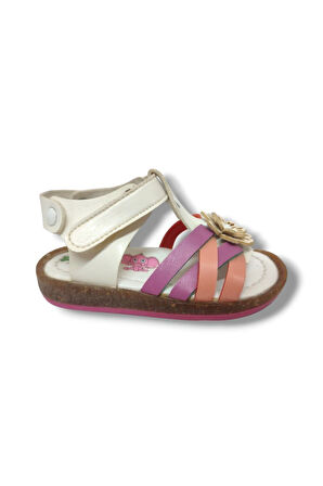 Şiringenç 1611-20 Çiçek Deseli Tek Cırt Kız Çocuk Sandalet Beyaz Pembe 21-25