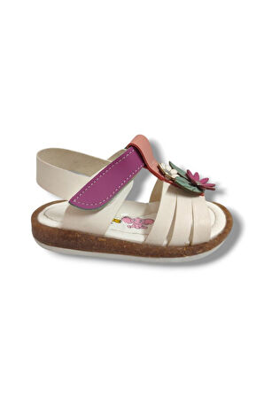 Şirinbebe 1653-20 Yan Çiçekli Cırtlı Kız Çocuk Sandalet Beyaz Pembe 21-25