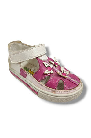 Şirinbebe 1674-20 Orta Şeritli 3 Kelebekli Kız Çocuk Sandalet Beyaz Pembe 21-25