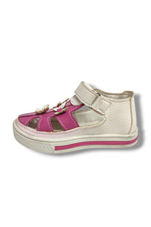 Şirinbebe 1674-20 Orta Şeritli 3 Kelebekli Kız Çocuk Sandalet Beyaz Pembe 21-25