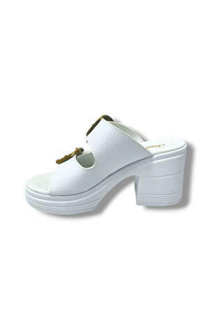 Şanzelize K505-25 Deri Anatomik Çift Bant  Dolgu Topuklu Kadın Terlik