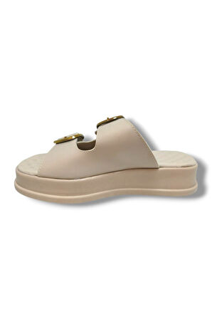 Şanzelize K105-25 Deri Anatomik Çift Bant  Dolgu Taban Kadın Terlik