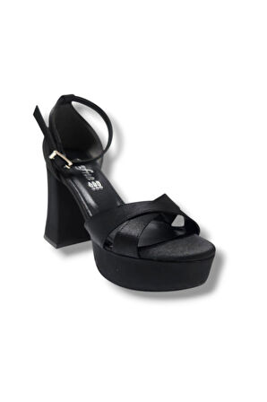 Defne 787-25 Saten Çapraz Bant Kalın Topuk(10cm) Anatomik Kadın Sandalet