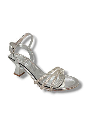 Erbay 284-25 Parlak Deri 3 Bant Taşlı Kısa Kare Topuk Kadın Sandalet