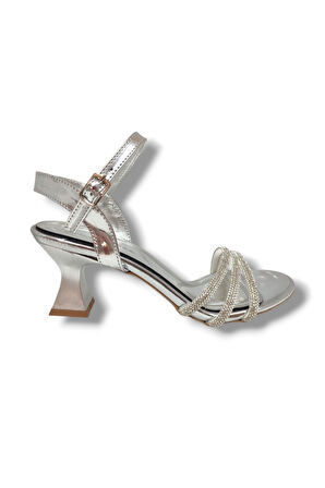 Erbay 284-25 Parlak Deri 3 Bant Taşlı Kısa Kare Topuk Kadın Sandalet