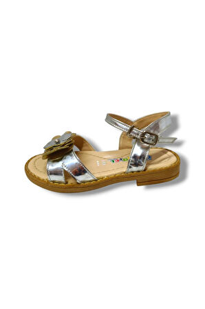 Özpinarci 3043-20 Orta Çiçekli Kız Çocuk Sandalet Gümüş Altın 21-25