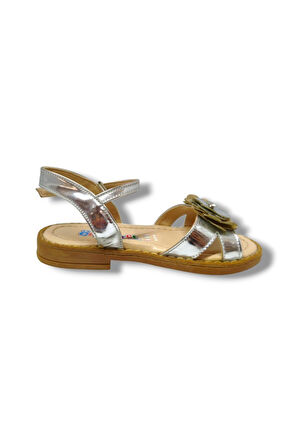Özpinarci 3043-20 Orta Çiçekli Kız Çocuk Sandalet Gümüş Altın 21-25