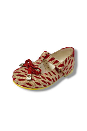 Miss Jr 3088-20 Zebra Desen Fiyonklu Kız Çocuk Babet Kırmızı Beyaz