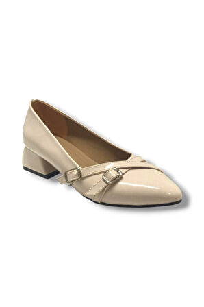 Mengi 676-26 Rugan Deri Çift Tokalı Kare Topuk Kadın Ayakkabı