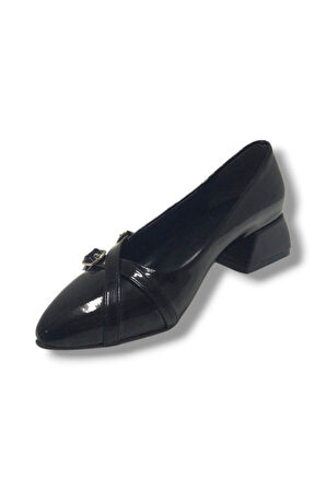 Mengi 676-26 Rugan Deri Çift Tokalı Kare Topuk Kadın Ayakkabı