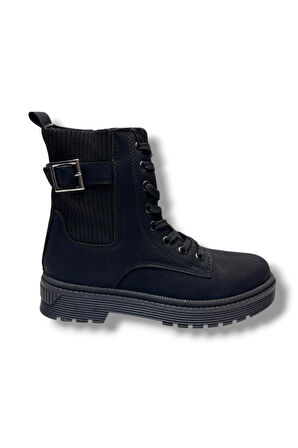 Polact 24030-26 Nubuk Deri Lastikli Fermuarlı Kadın Bot Siyah