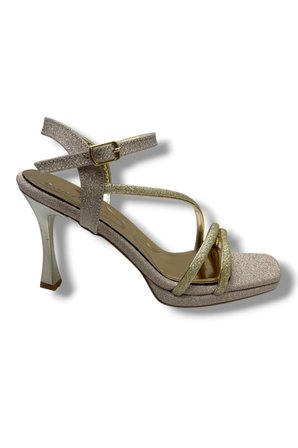 Erbay 688-26 Parlak Simli Saten 3 Bant Orta Topuk Kadın Sandalet(10cm)
