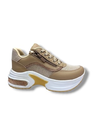Modalendo 1511-26 Cilt Deri Simli Şeritli Anatomik Bağcıklı Kadın Sneaker Bej Beyaz
