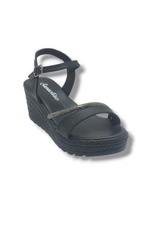 Şanzelize K303-26 Deri Taşlı Dolgu Taban Kadın Sandalet