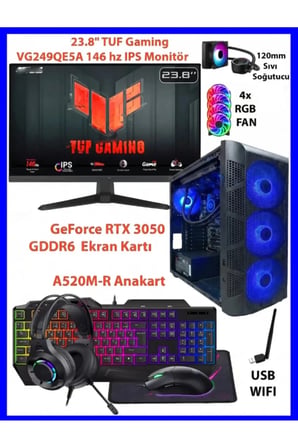 GA-S Gaming Dual RTX 3050 + Ryzen 5 5500 16GB RAM 512GB M2 SSD + TUF 146Hz Monitörlü Sıvı Soğutuculu Full Set Oyuncu Bilgisayarı