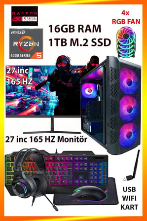 GA Gaming Ryzen 5 5500 RX 580 16GB DDR4 RAM 1TB M.2 NVMe SSD 27inc 165HZ Monitörlü Full Set Oyun Bilgisayarı