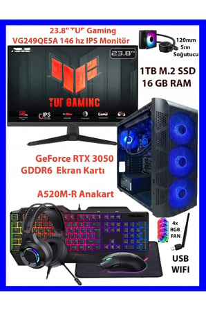GA-S Gaming Dual RTX 3050 + Ryzen 5 5500 16GB RAM 1TB M2 SSD + TUF 146Hz Monitörlü Sıvı Soğutuculu Full Set Oyuncu Bilgisayarı
