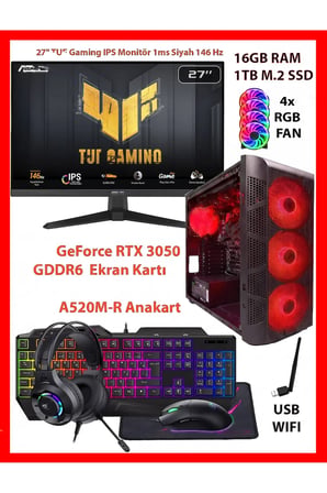 GA Gaming Dual RTX 3050 + Ryzen 5 5500 16GB RAM 1TB M2 SSD + TUF 146Hz 27 inc Monitörlü Full Set Oyuncu Bilgisayarı