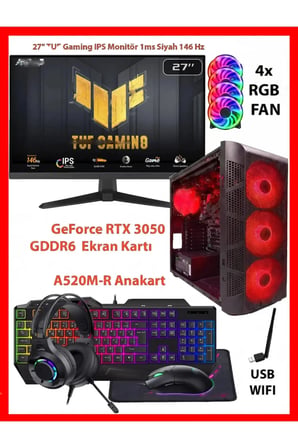GA Gaming Dual RTX 3050 + Ryzen 5 5500 16GB RAM 512GB M2 SSD + TUF 146Hz 27 inc Monitörlü Full Set Oyuncu Bilgisayarı
