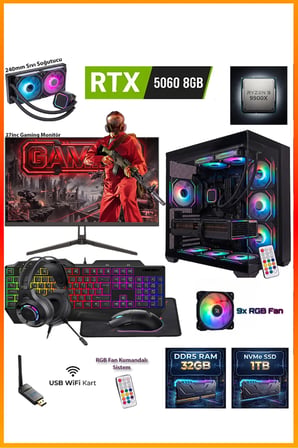 GA-Deluxe RTX 5060 8GB Ryzen 9 9900X 32GB DDR5 1TB M.2 Sıvı Soğutmalı 27" Monitörlü Masaüstü Oyuncu Bilgisayarı Seti