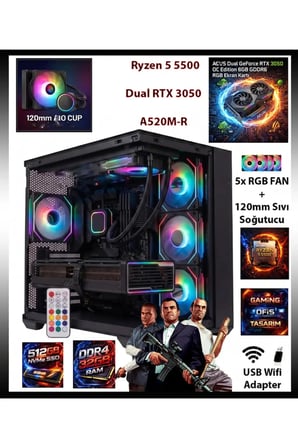 GA-S Gaming Dual RTX 3050 Ekran Kartı - Ryzen 5 5500 - 32GB RAM - 512GB M.2 SSD Akvaryum Kasa Sıvı Soğutuculu Oyuncu Bilgisayarı