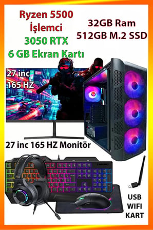 GA Gaming Ryzen 5 5500 RTX 3050 32GB DDR4 RAM 512GB M.2 NVMe SSD 27inc 165HZ Monitörlü Full Set Oyun Bilgisayarı