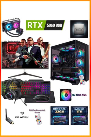 GA-Deluxe RTX 5060 8GB Ryzen 9 9900X 32GB DDR5 1TB M.2 Sıvı Soğutmalı 23.8" Monitörlü Masaüstü Oyuncu Bilgisayarı Seti