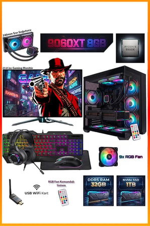 GA-Deluxe RX 9060 XT 8GB + Ryzen 9 9900X 32GB DDR5 1TB M.2 Sıvı Soğutmalı 23.8" Monitörlü Masaüstü Oyuncu Bilgisayarı Seti