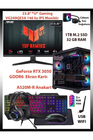 GA-S RTX 3050 Dual Ekran Kartı - Ryzen 5 5500 - 32GB Ram - 1TB M.2 SSD Akvaryum Kasa Sıvı Soğutuculu Full Set Oyuncu Bilgisayarı