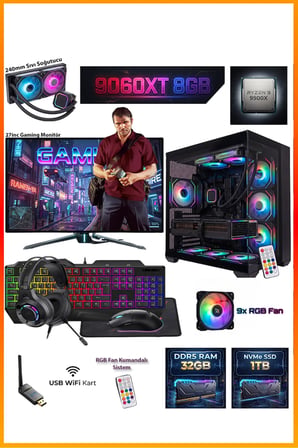GA-Deluxe RX 9060 XT 8GB + Ryzen 9 9900X 32GB DDR5 1TB M.2 Sıvı Soğutmalı 27" Monitörlü Masaüstü Oyuncu Bilgisayarı Seti