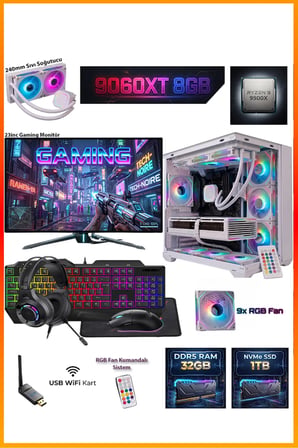 GA-Deluxe White RX 9060 XT 8GB Ryzen 9 9900X 32GB DDR5 1TB M.2 Sıvı Soğutmalı 23.8" Monitörlü Beyaz Masaüstü Oyuncu Bilgisayarı Seti