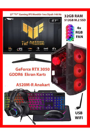 GA Gaming Dual RTX 3050 + Ryzen 5 5500 32GB RAM 512GB M2 SSD + TUF 146Hz 27 inc Monitörlü Full Set Oyuncu Bilgisayarı