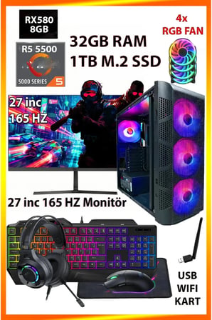 GA Gaming Ryzen 5 5500 RX 580 32GB DDR4 RAM 1TB M.2 NVMe SSD 27inc 165HZ Monitörlü Full Set Oyun Bilgisayarı