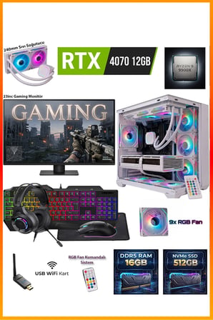 GA-Deluxe White RTX 4070 12GB Ryzen 9 9900X 16GB DDR5 512GB M.2 Sıvı Soğutmalı 23.8" Monitörlü Beyaz Masaüstü Oyuncu Bilgisayarı Seti