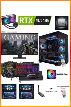 GA-Deluxe RTX 4070 12GB Ryzen 9 9900X 16GB DDR5 512GB M.2 Sıvı Soğutmalı 23.8" Monitörlü Masaüstü Oyuncu Bilgisayarı Seti