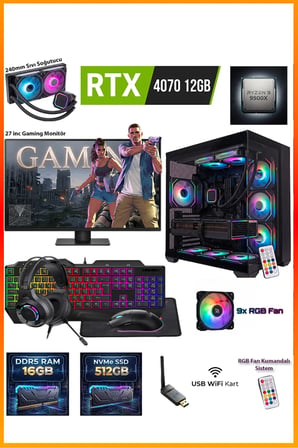 GA-Deluxe RTX 4070 12GB Ryzen 9 9900X 16GB DDR5 512GB M.2 Sıvı Soğutmalı 27" Monitörlü Masaüstü Oyuncu Bilgisayarı Seti